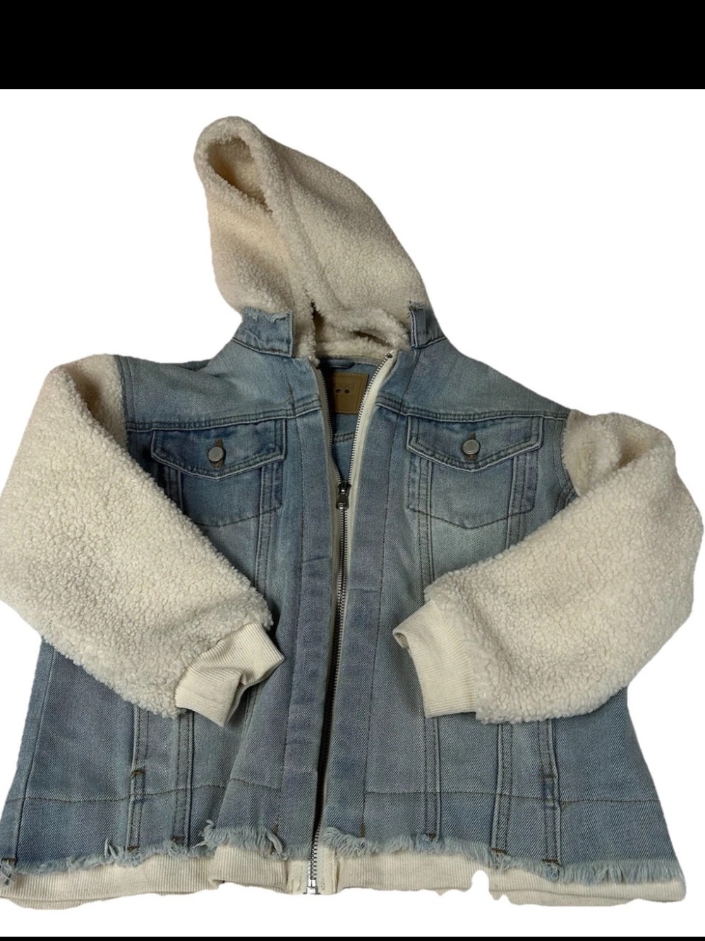 BlankNYC Women’s Size Medium Jean Jacket Blue Ivory Sherpa Full Zip Hooded #4131